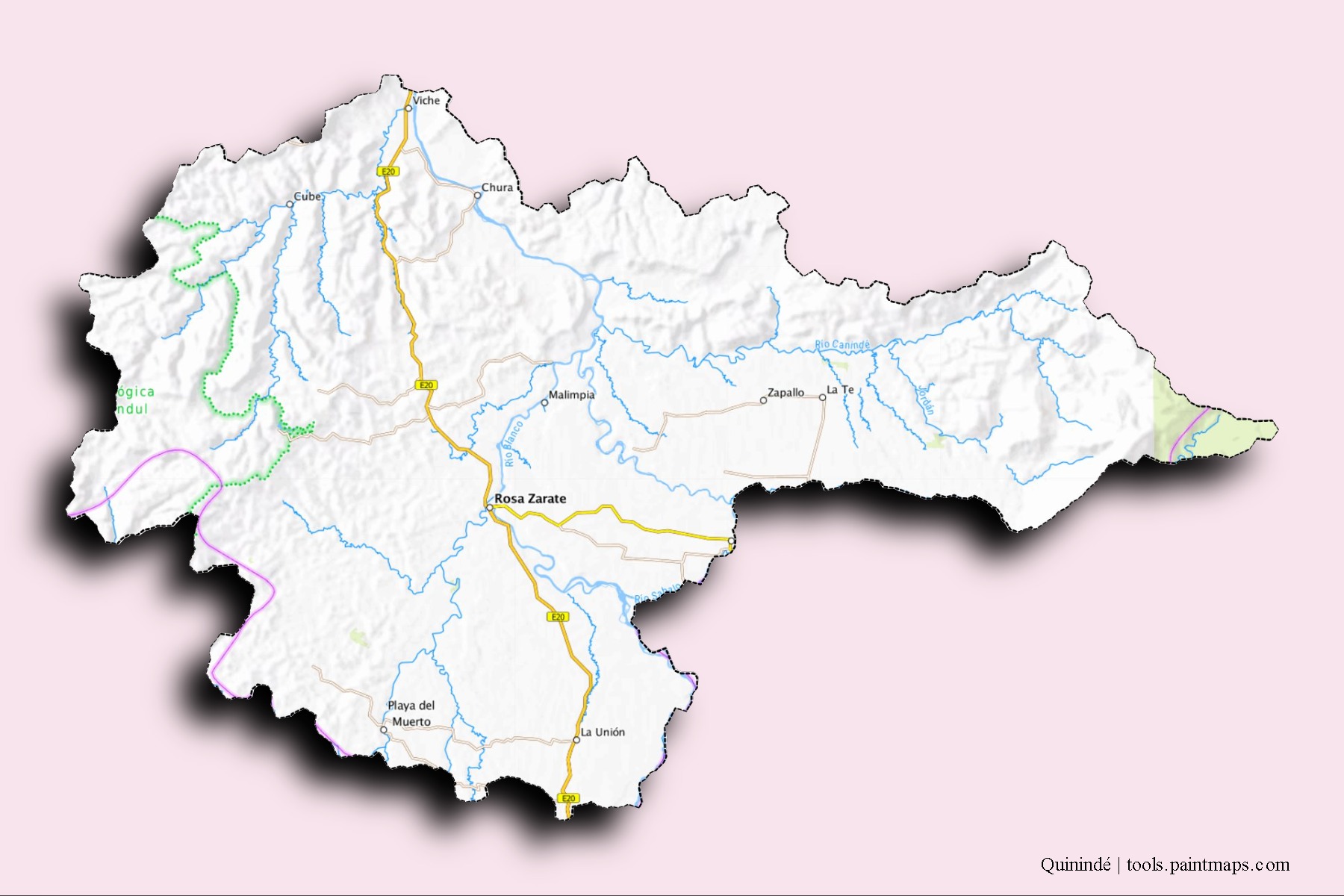 Mapa de barrios y pueblos de Quinindé con efecto de sombra 3D