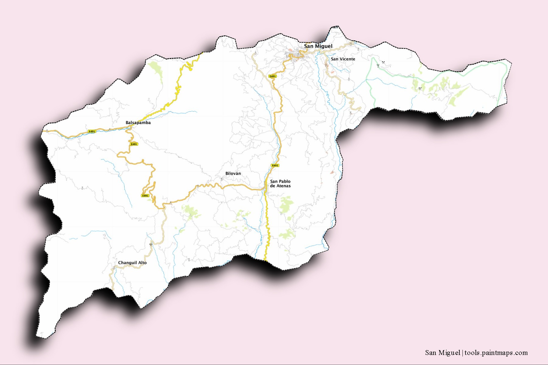 Mapa de barrios y pueblos de San Miguel con efecto de sombra 3D