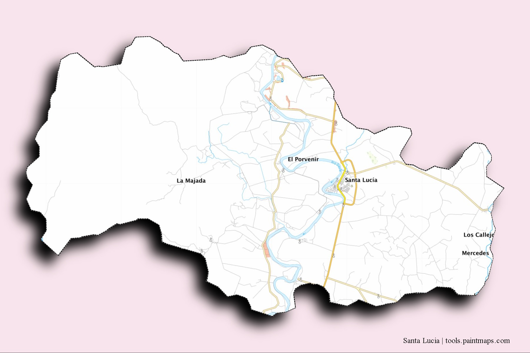 Mapa de barrios y pueblos de Santa Lucia con efecto de sombra 3D