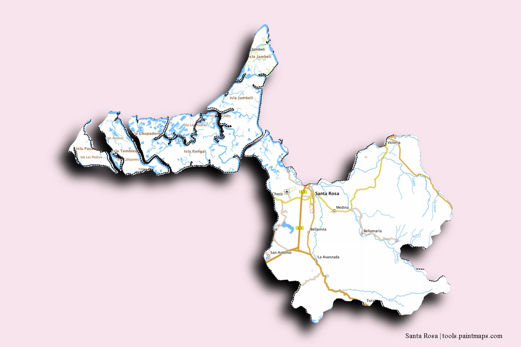 Mapa de barrios y pueblos de Santa Rosa con efecto de sombra 3D