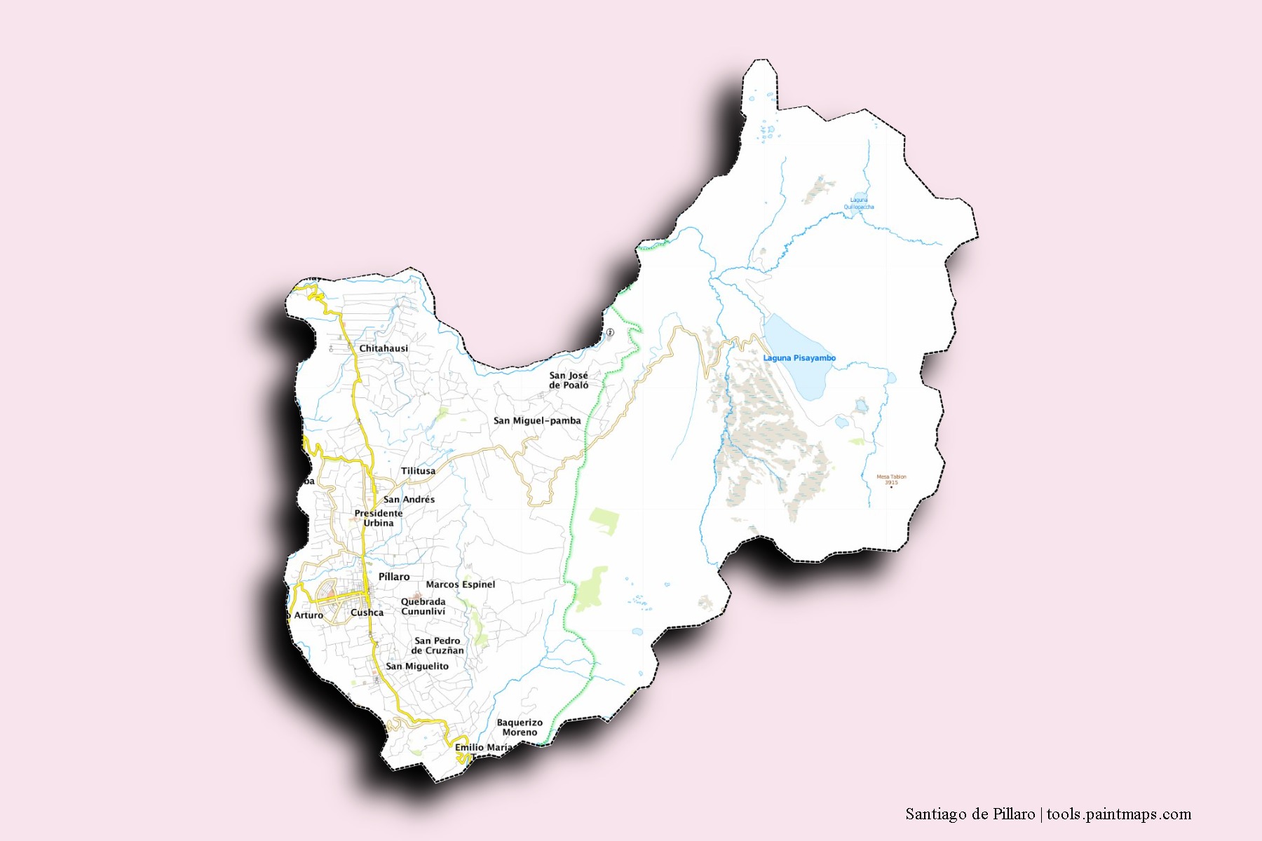 Mapa de barrios y pueblos de Santiago de Pillaro con efecto de sombra 3D