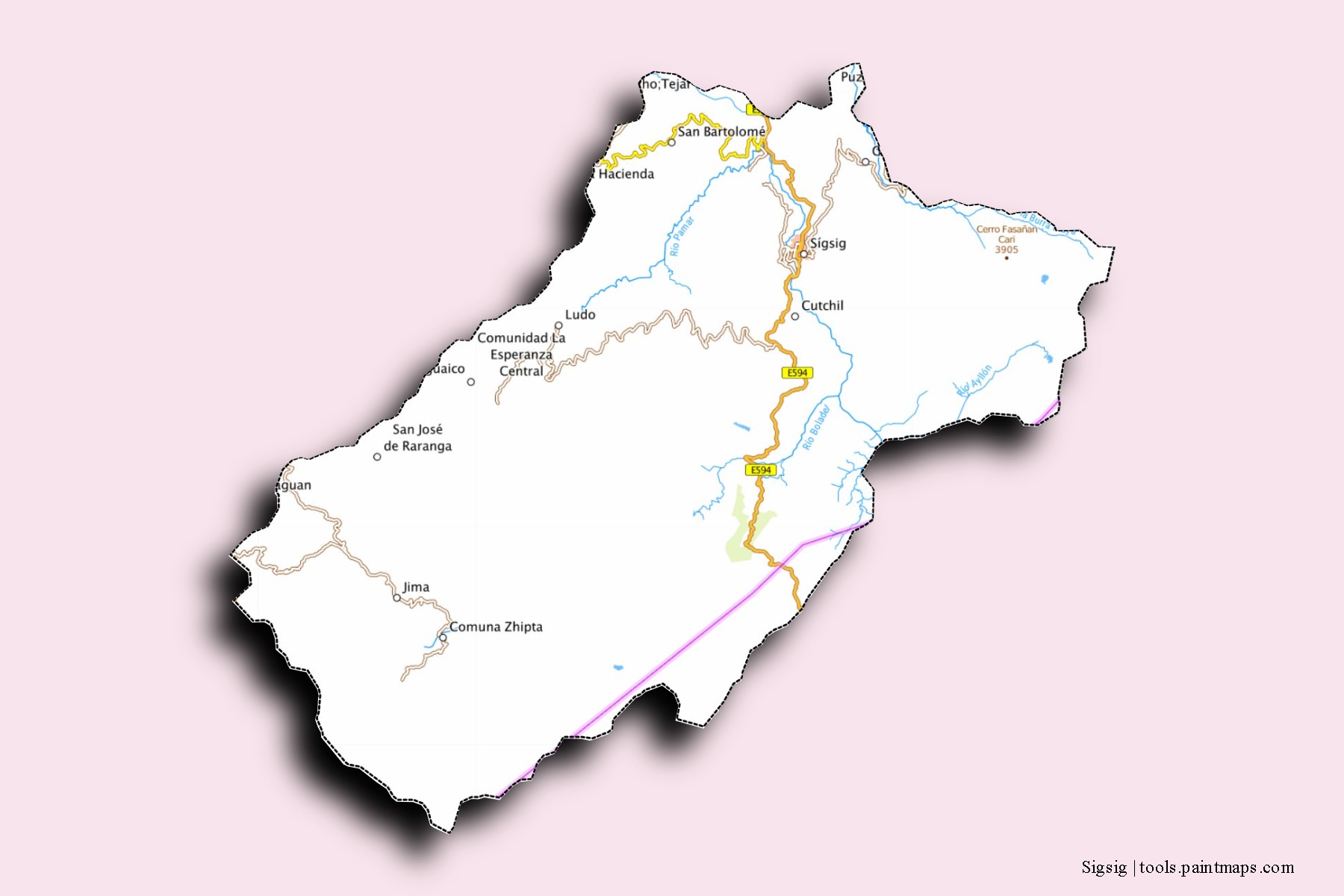 Mapa de barrios y pueblos de Sigsig con efecto de sombra 3D