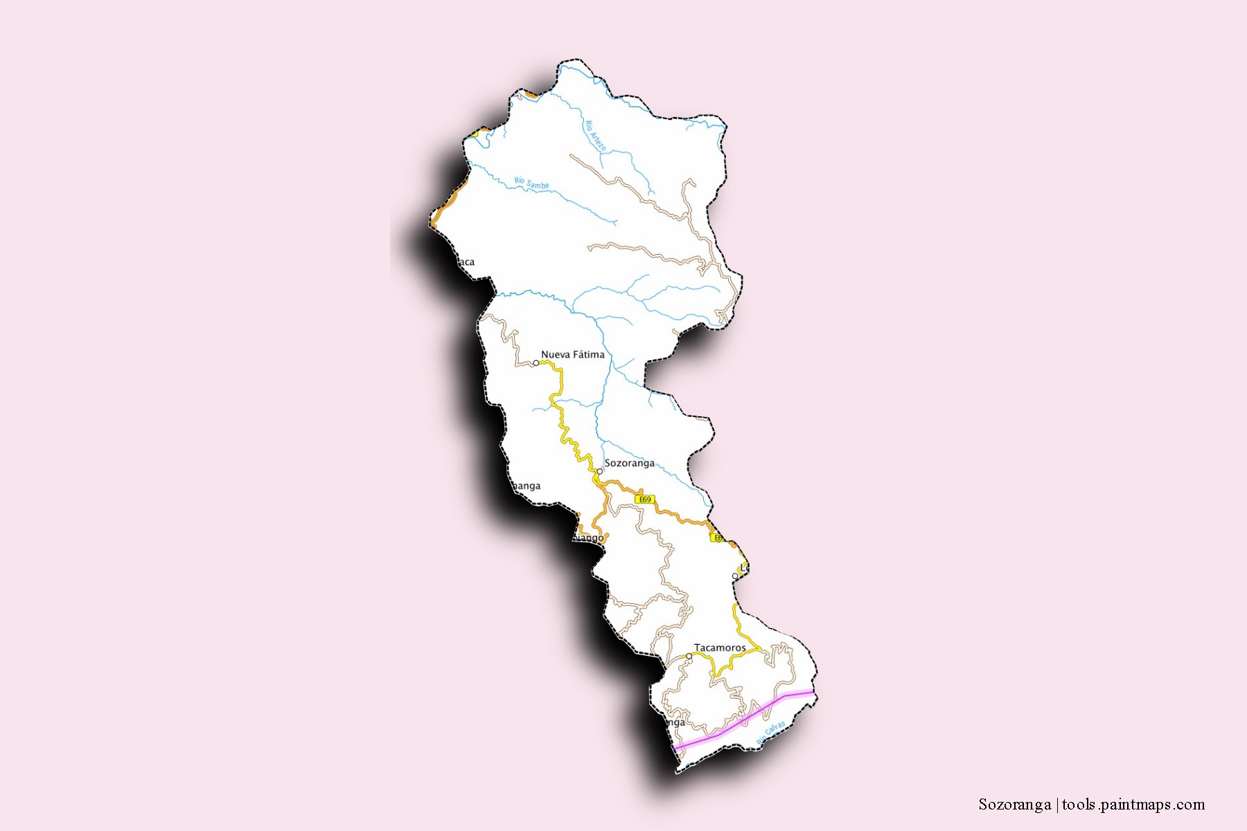 Mapa de barrios y pueblos de Sozoranga con efecto de sombra 3D