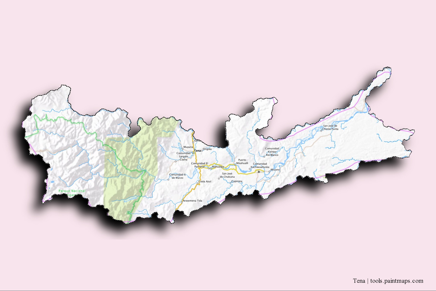 Mapa de barrios y pueblos de Tena con efecto de sombra 3D