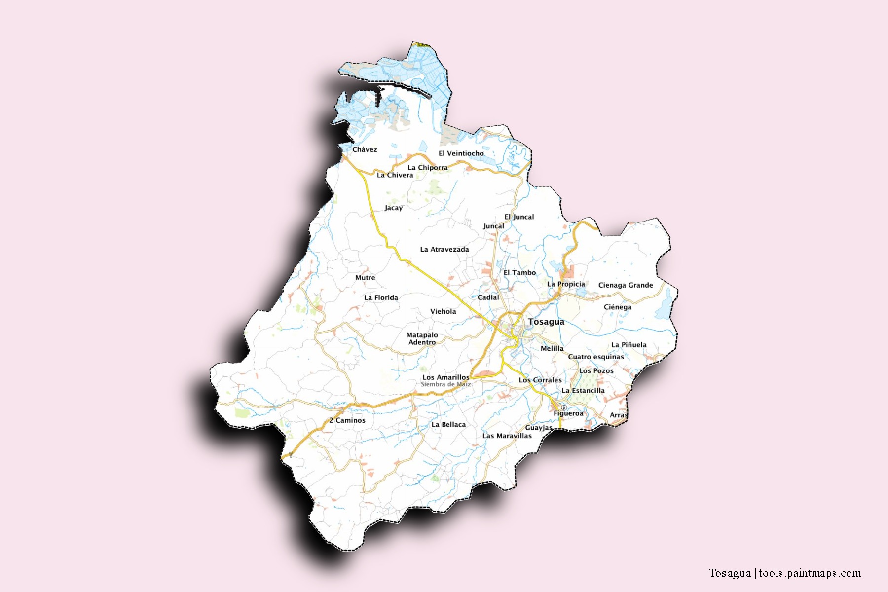 Mapa de barrios y pueblos de Tosagua con efecto de sombra 3D