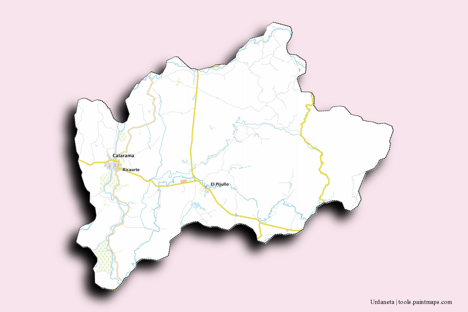 Mapa de barrios y pueblos de Urdaneta con efecto de sombra 3D