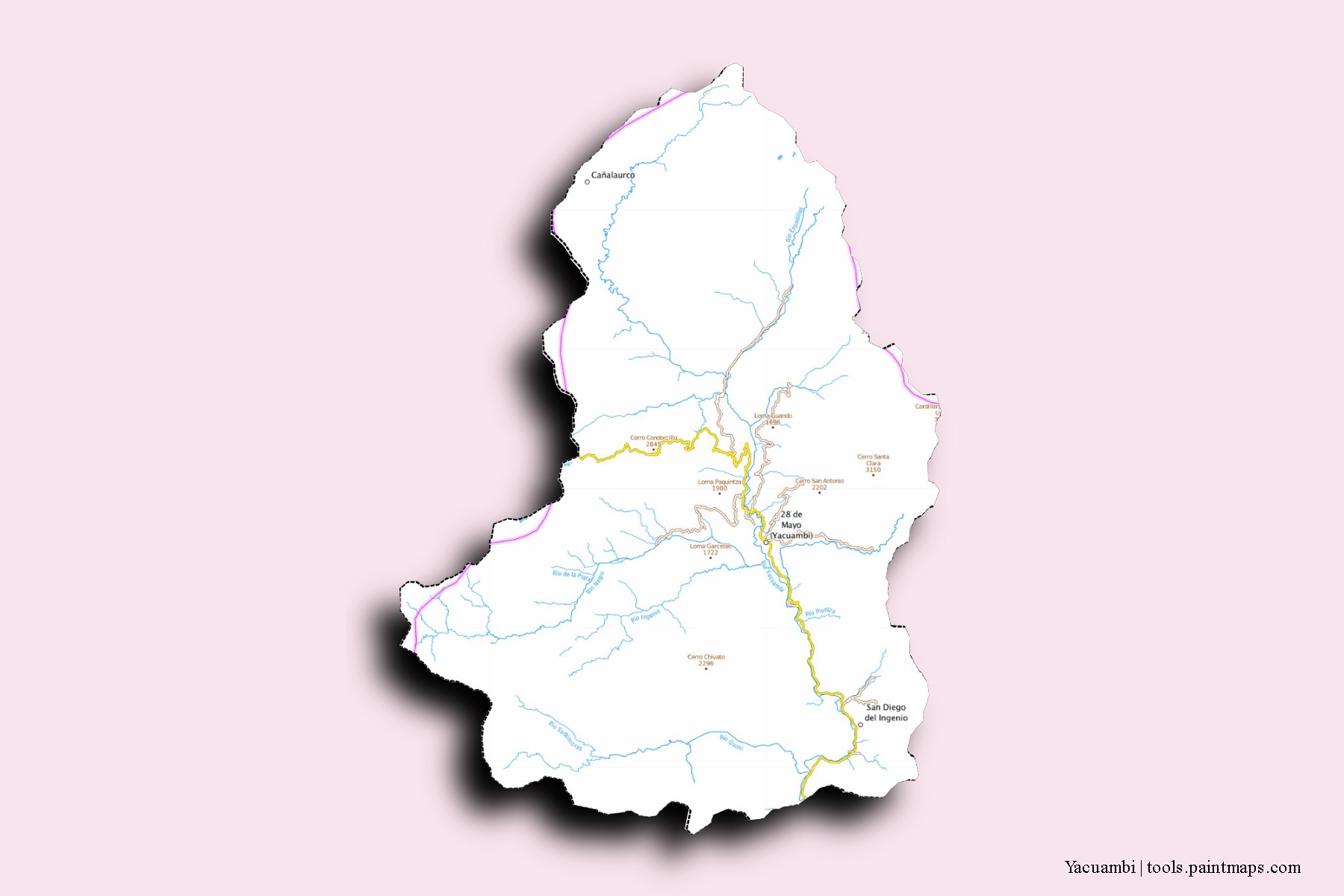 Mapa de barrios y pueblos de Yacuambi con efecto de sombra 3D