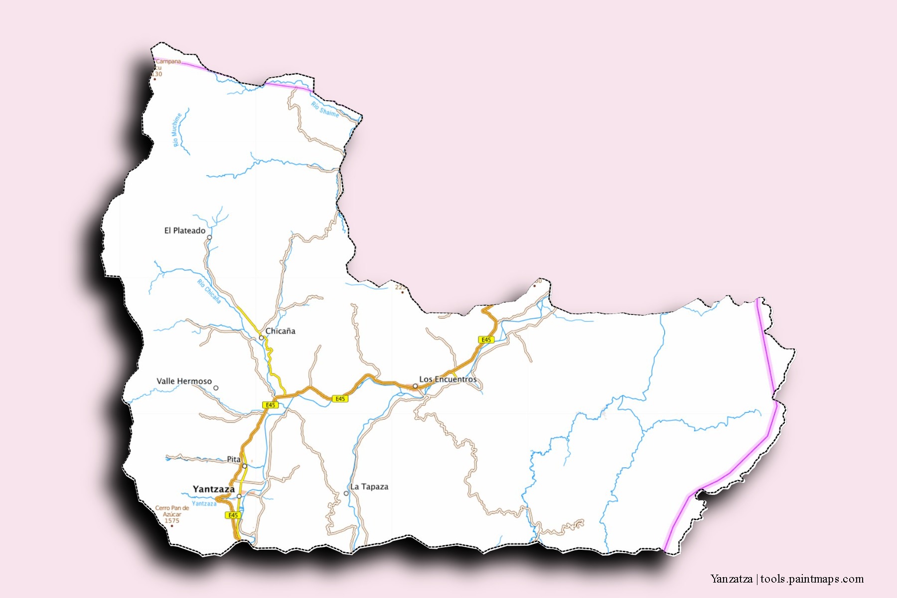 Mapa de barrios y pueblos de Yanzatza con efecto de sombra 3D