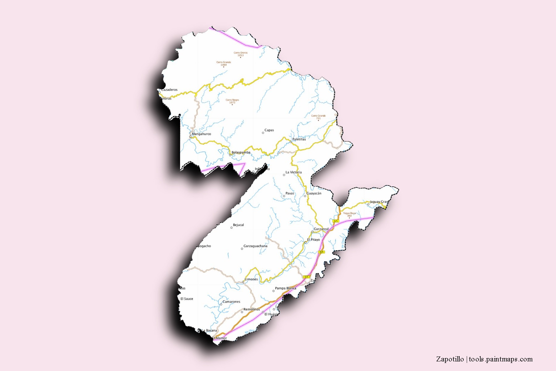 Mapa de barrios y pueblos de Zapotillo con efecto de sombra 3D