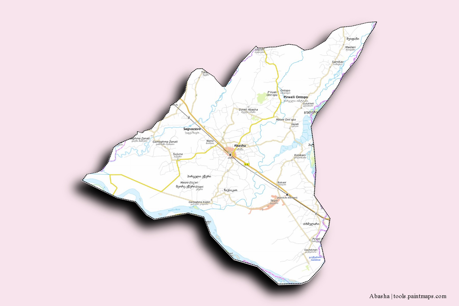 Mapa de barrios y pueblos de Abasha con efecto de sombra 3D