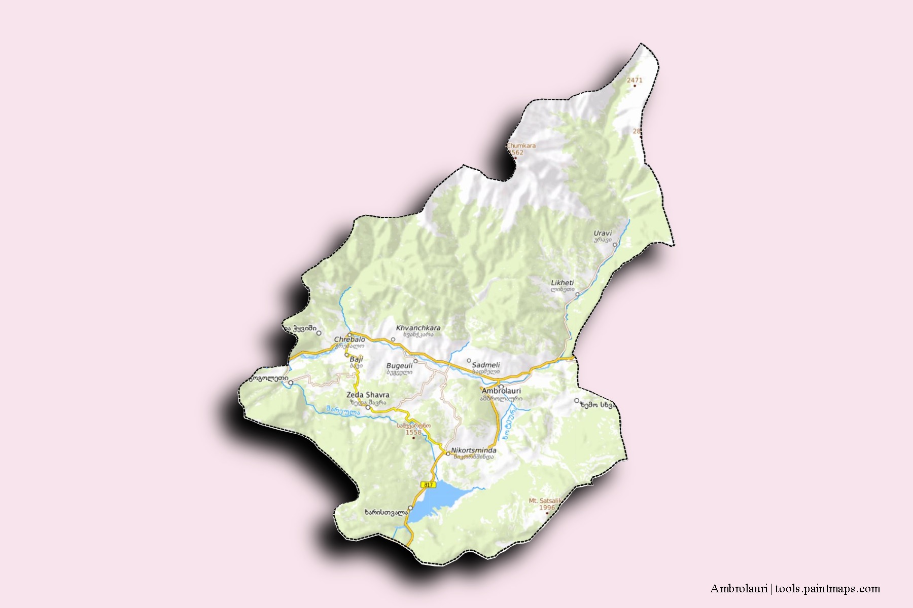 Mapa de barrios y pueblos de Ambrolauri con efecto de sombra 3D