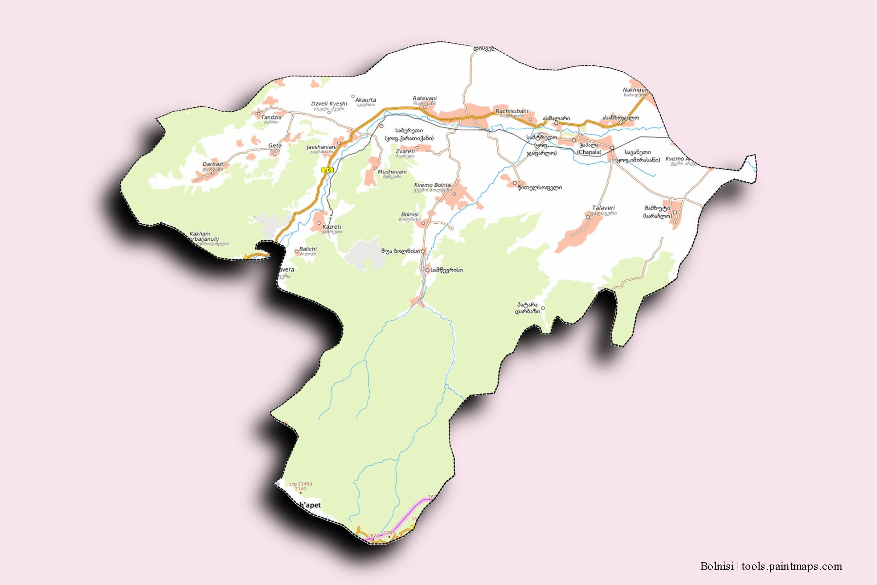 3D gölge efektli Bolnisi mahalleleri ve köyleri haritası