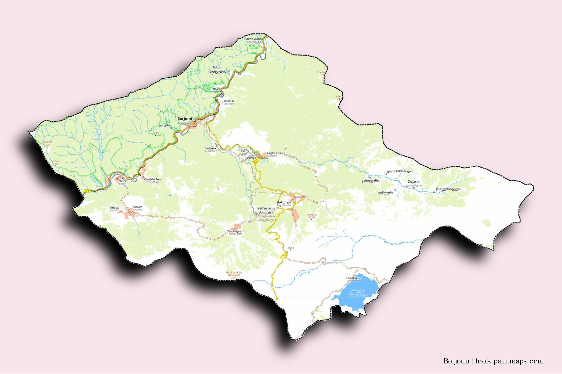 Mapa de barrios y pueblos de Borjomi con efecto de sombra 3D