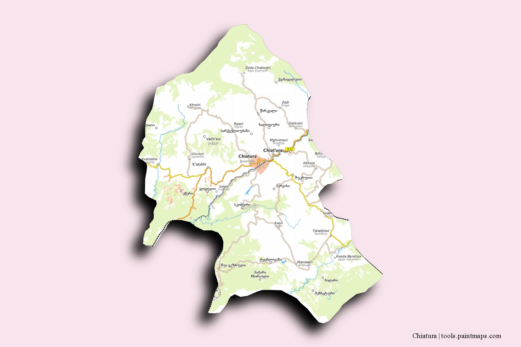 Mapa de barrios y pueblos de Chiatura con efecto de sombra 3D