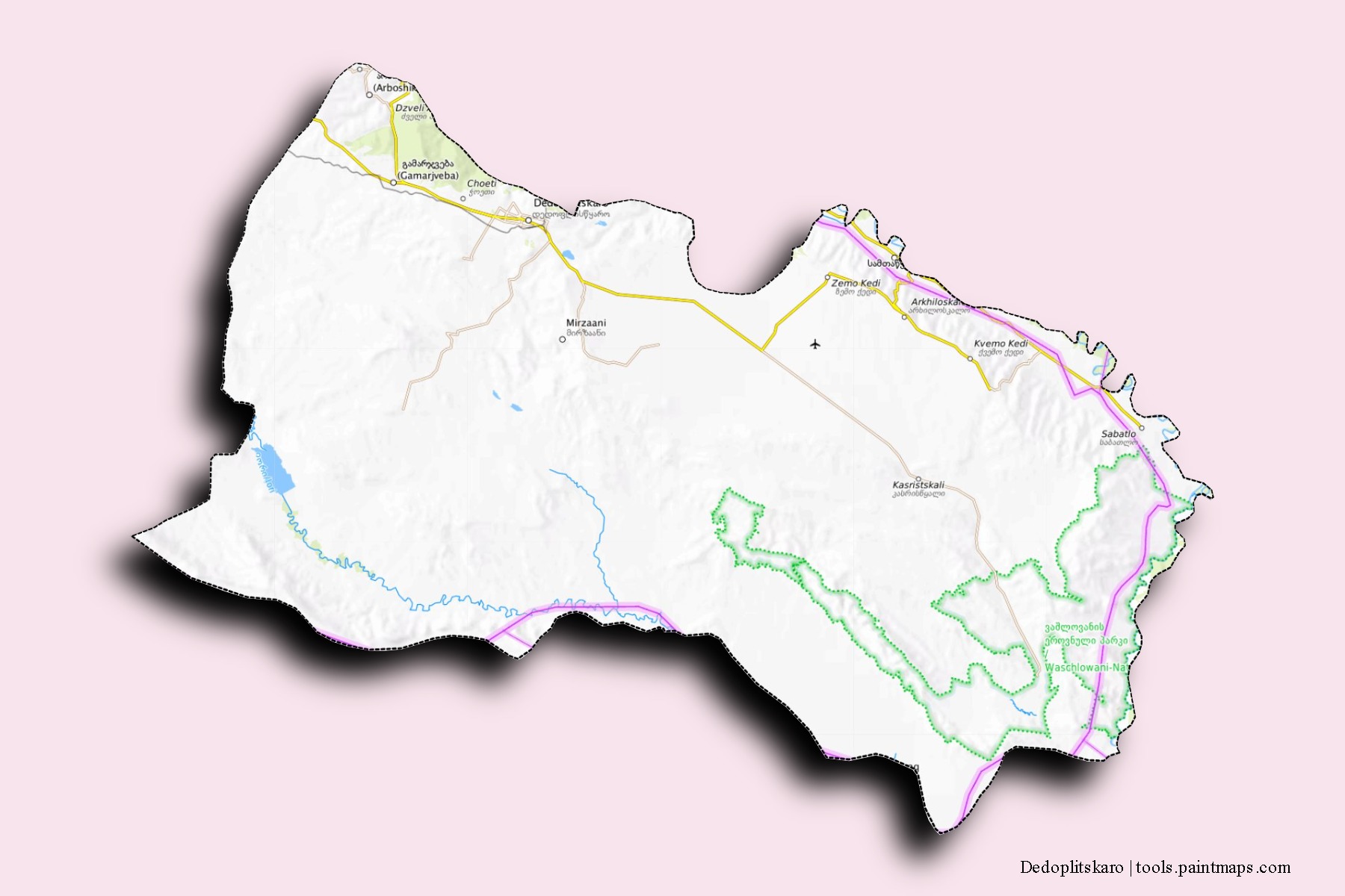 Dedoplis Tskaro neighborhoods and villages map with 3D shadow effect