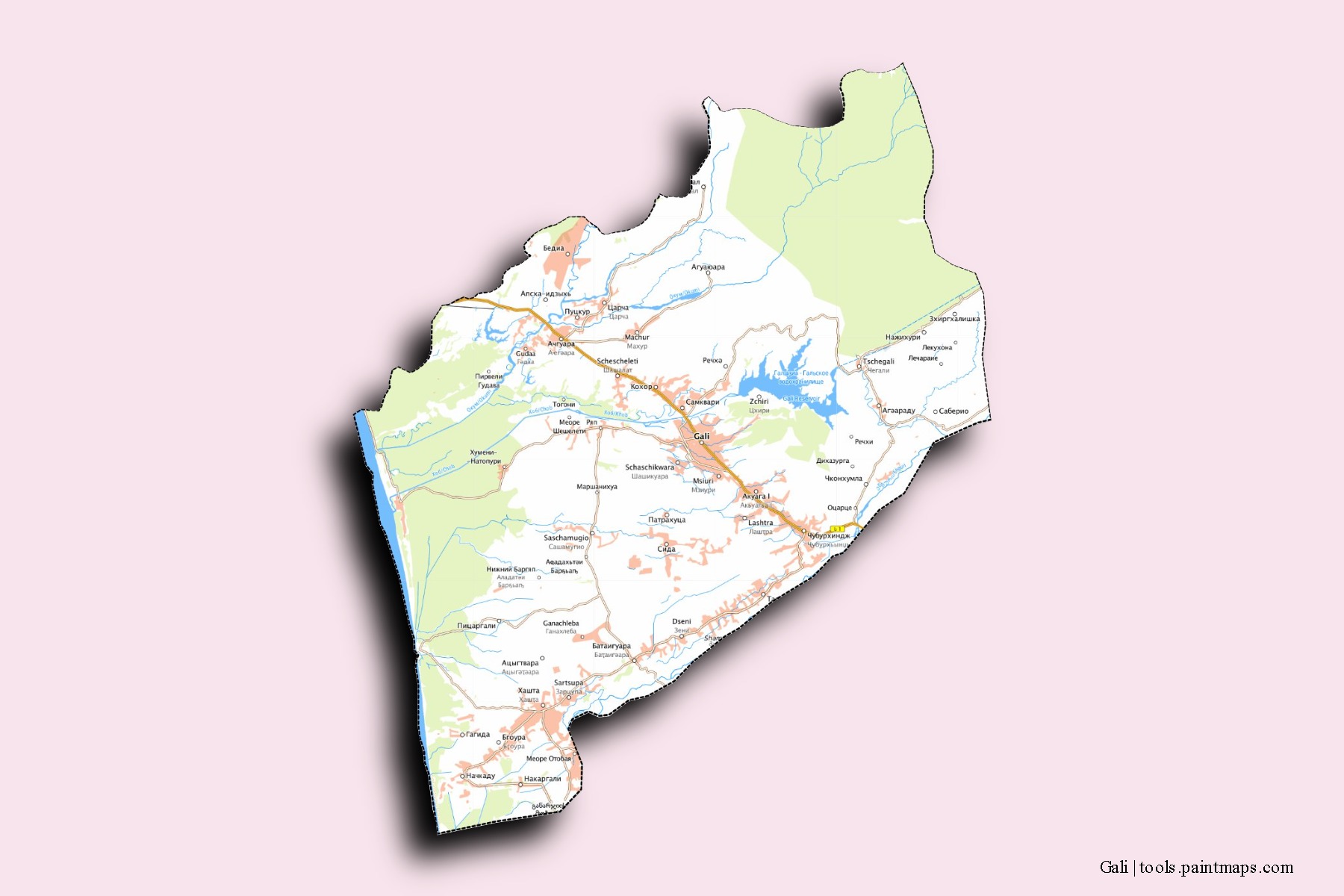 Mapa de barrios y pueblos de Gali con efecto de sombra 3D