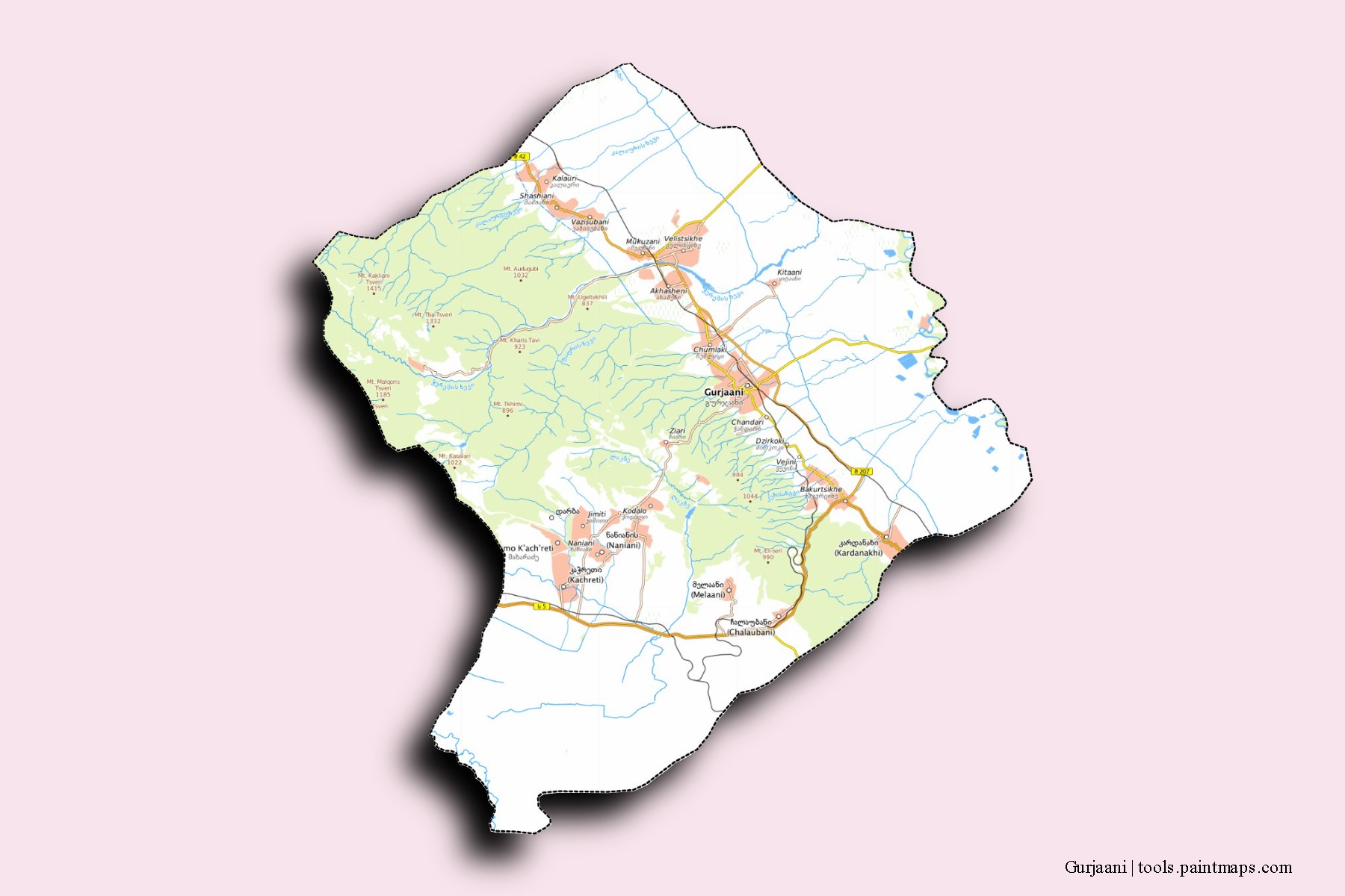 Gurjaani neighborhoods and villages map with 3D shadow effect