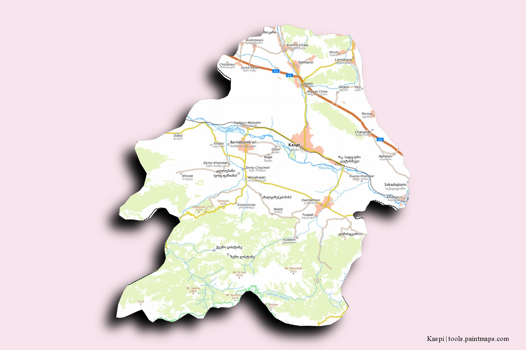 Mapa de barrios y pueblos de Kaspi con efecto de sombra 3D