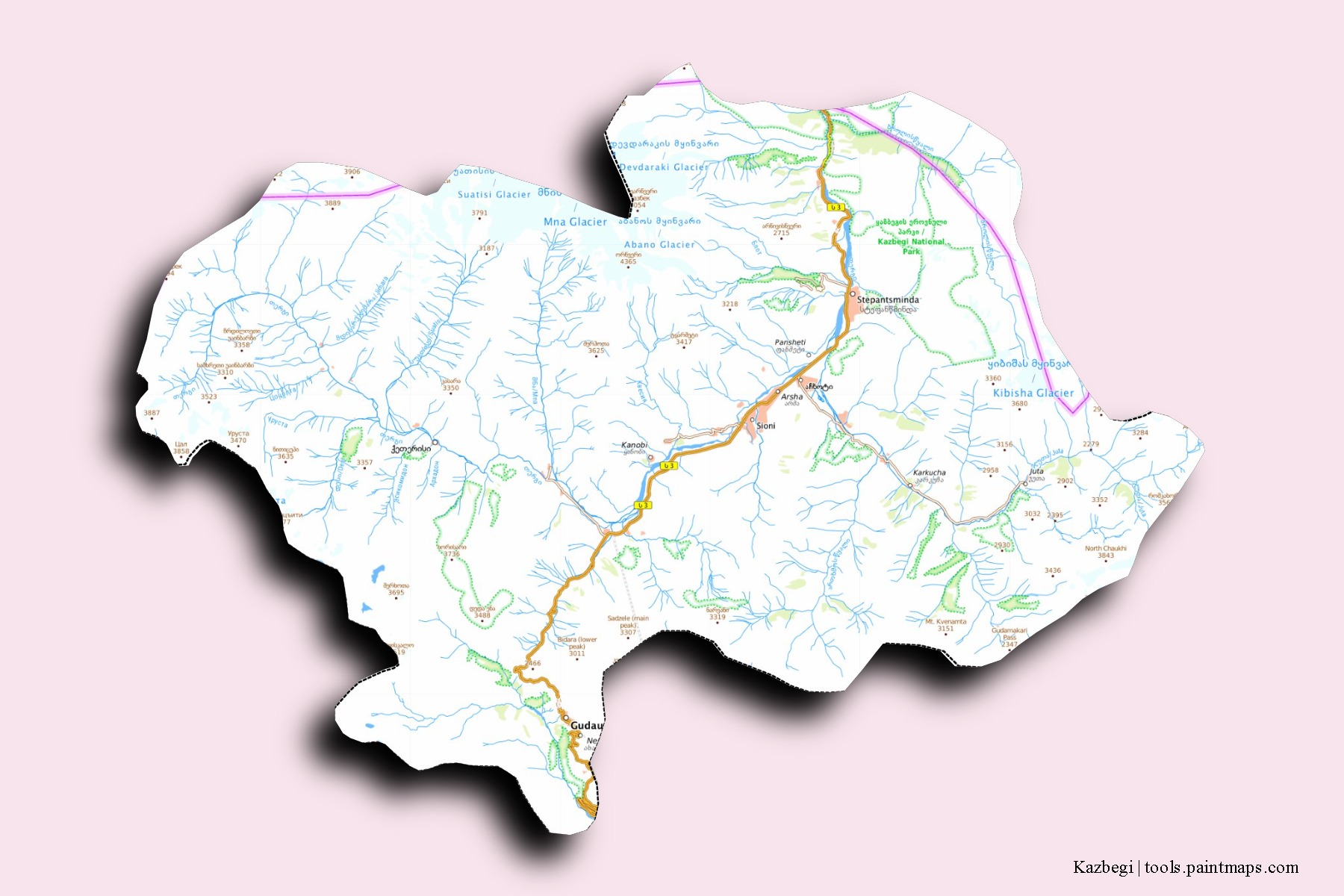 Mapa de barrios y pueblos de Kazbegi con efecto de sombra 3D