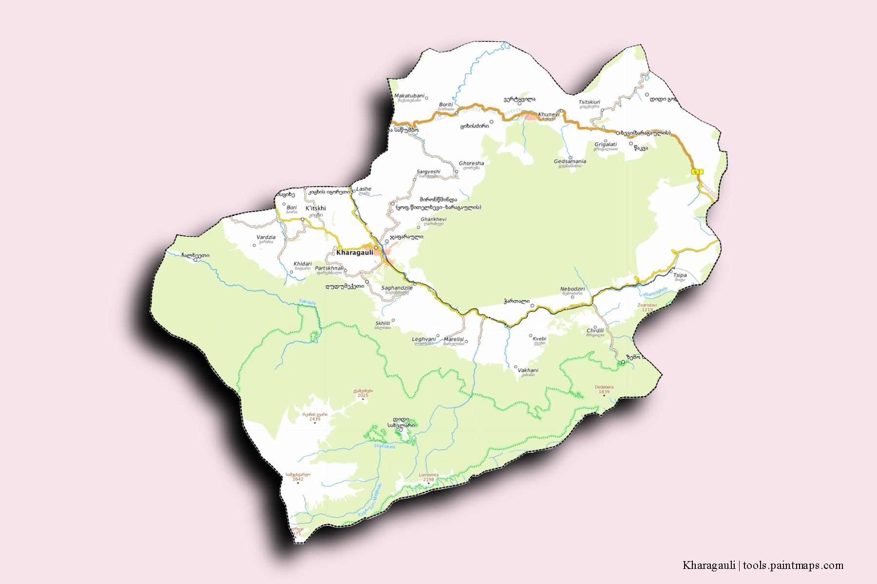 Mapa de barrios y pueblos de Kharagauli con efecto de sombra 3D