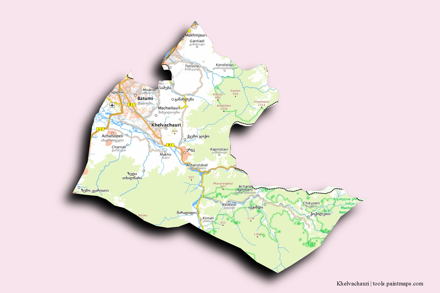 Mapa de barrios y pueblos de Khelvachauri con efecto de sombra 3D