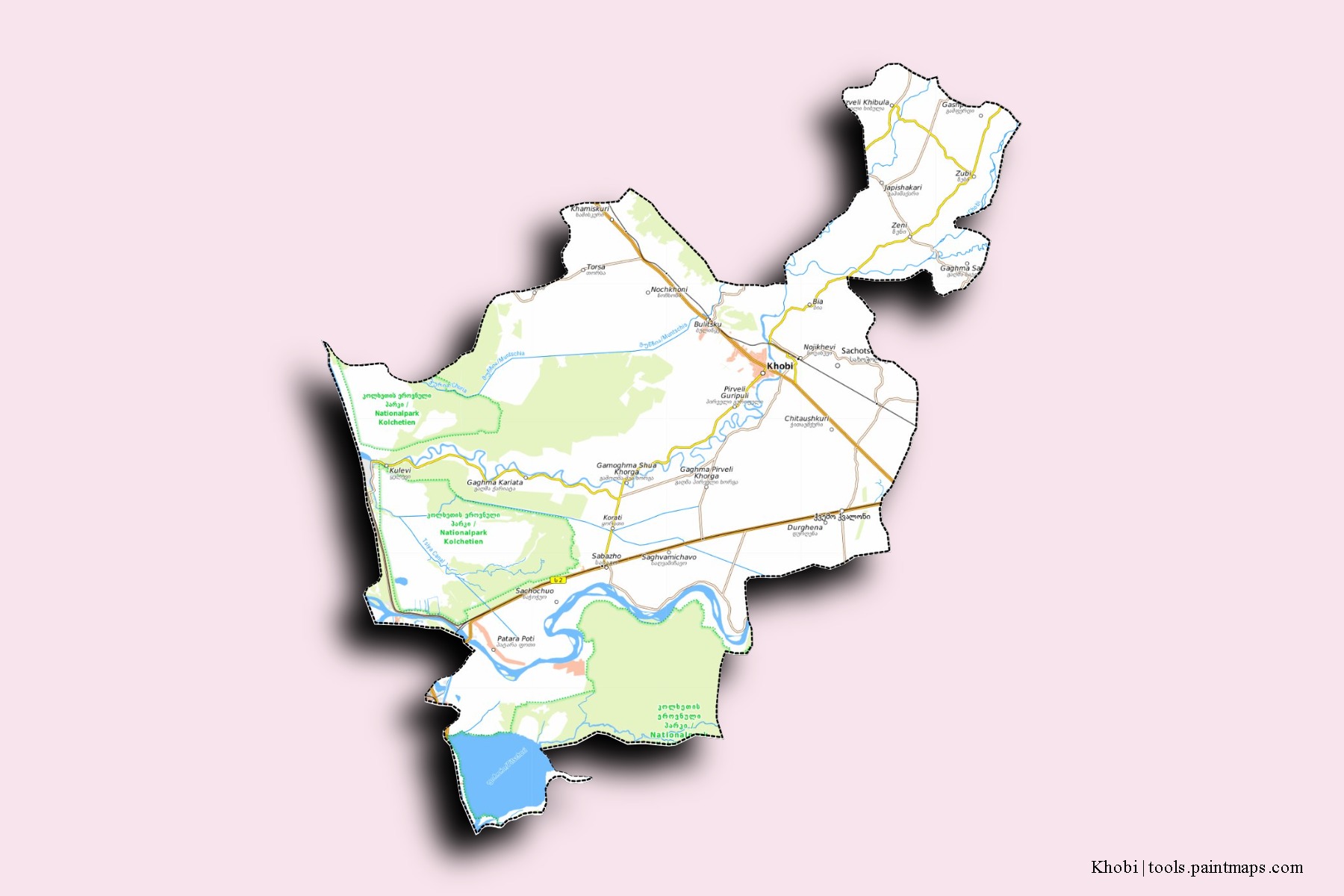 Mapa de barrios y pueblos de Khobi con efecto de sombra 3D