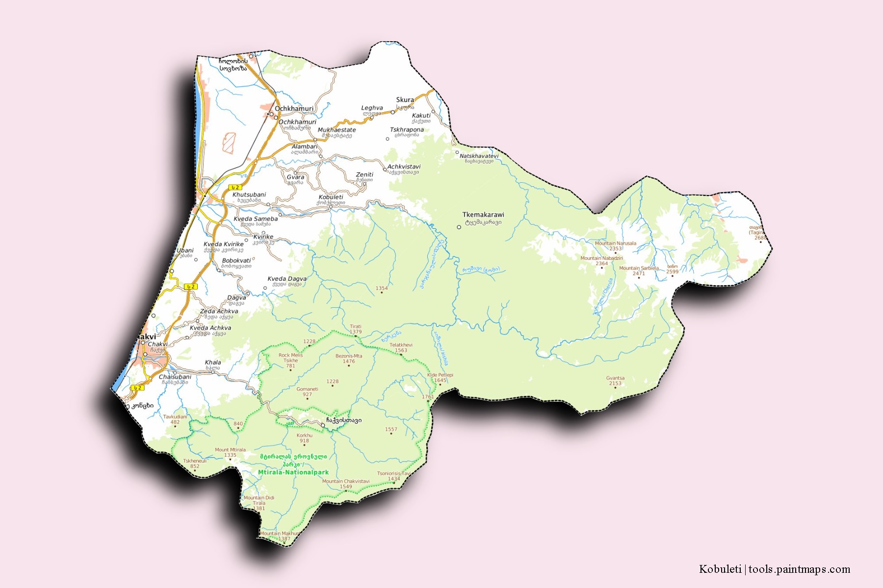 Mapa de barrios y pueblos de Kobuleti con efecto de sombra 3D