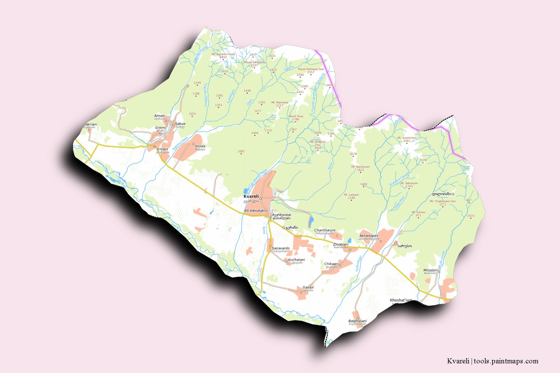 Mapa de barrios y pueblos de Kvareli con efecto de sombra 3D