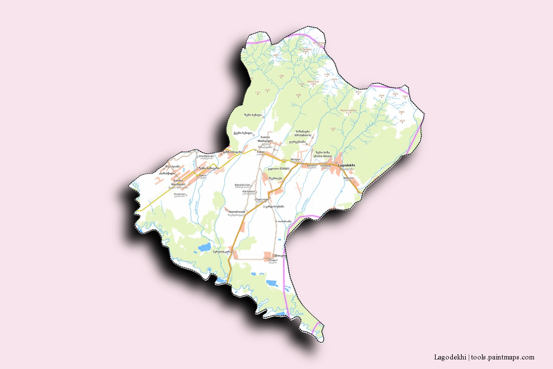 Lagodekhi neighborhoods and villages map with 3D shadow effect