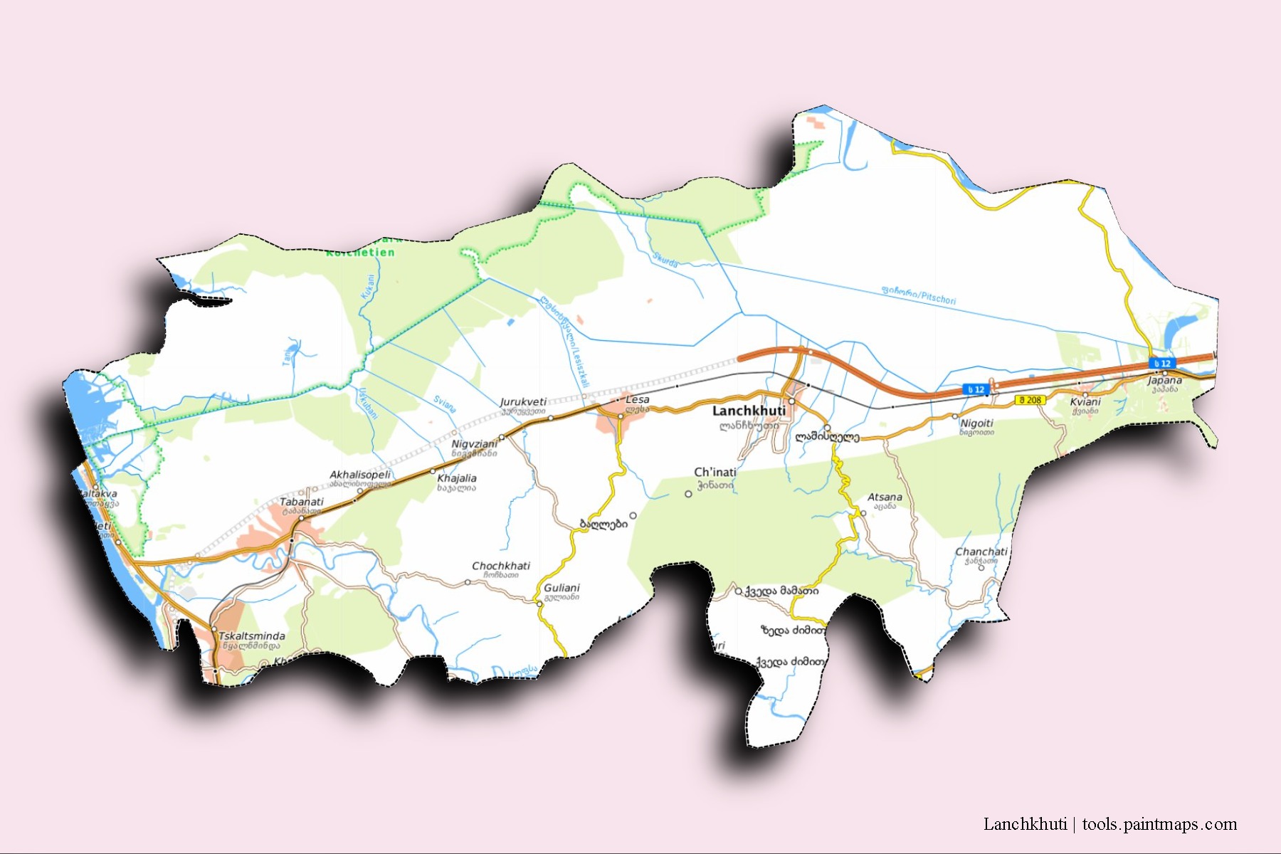 Lanchkhuti neighborhoods and villages map with 3D shadow effect