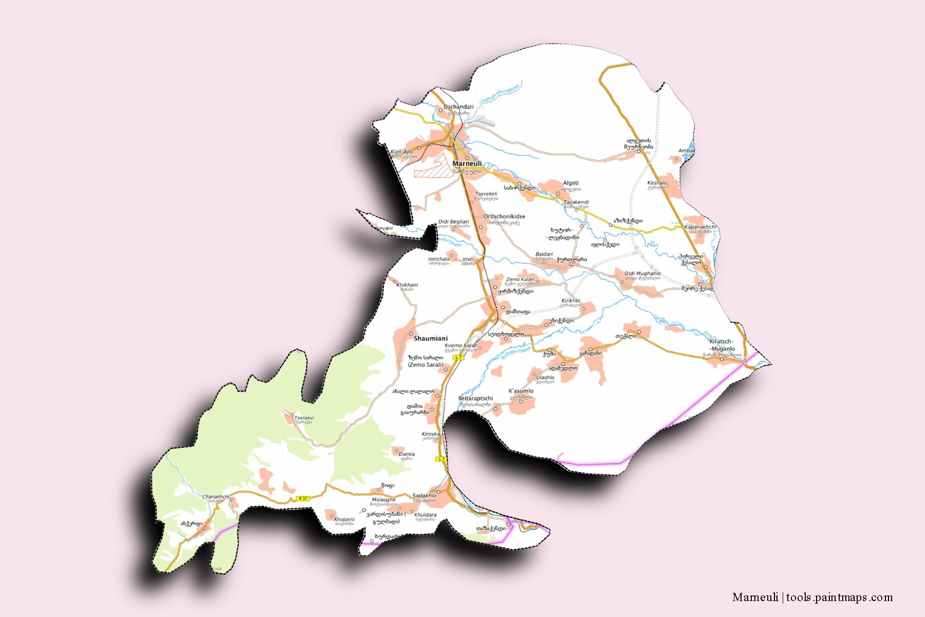 3D gölge efektli Marneuli mahalleleri ve köyleri haritası
