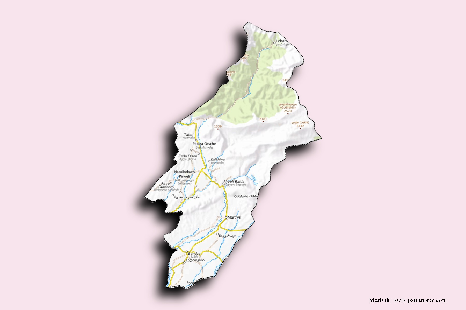 Mapa de barrios y pueblos de Martvili con efecto de sombra 3D