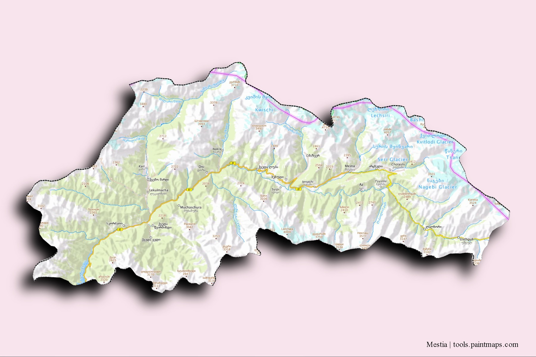 Mestia neighborhoods and villages map with 3D shadow effect