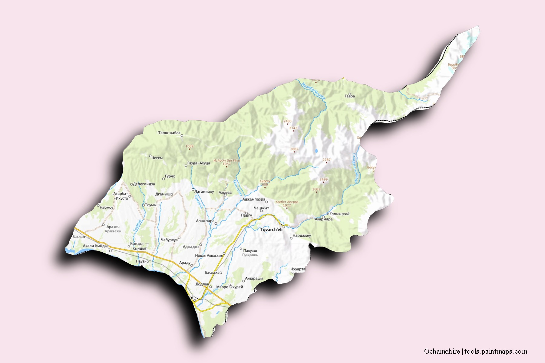 Mapa de barrios y pueblos de Ochamchire con efecto de sombra 3D