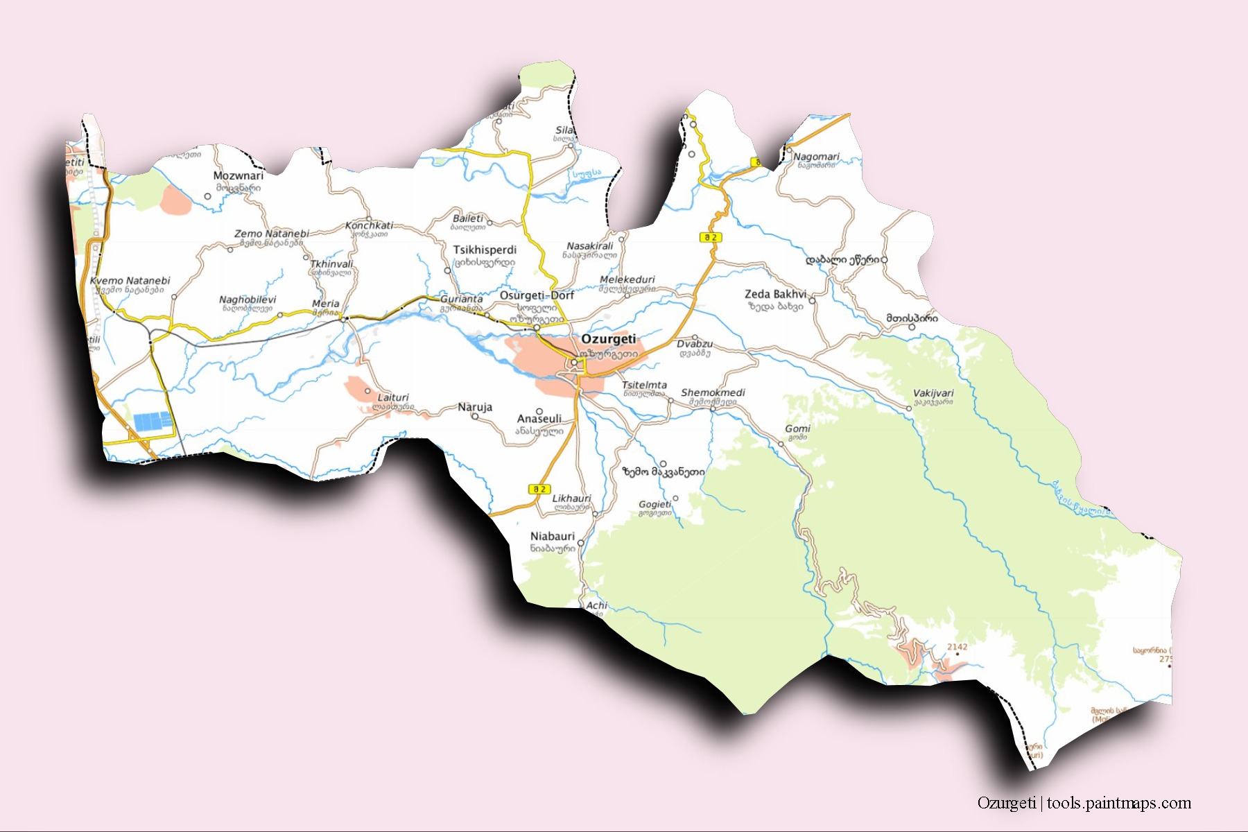 Ozurgeti neighborhoods and villages map with 3D shadow effect