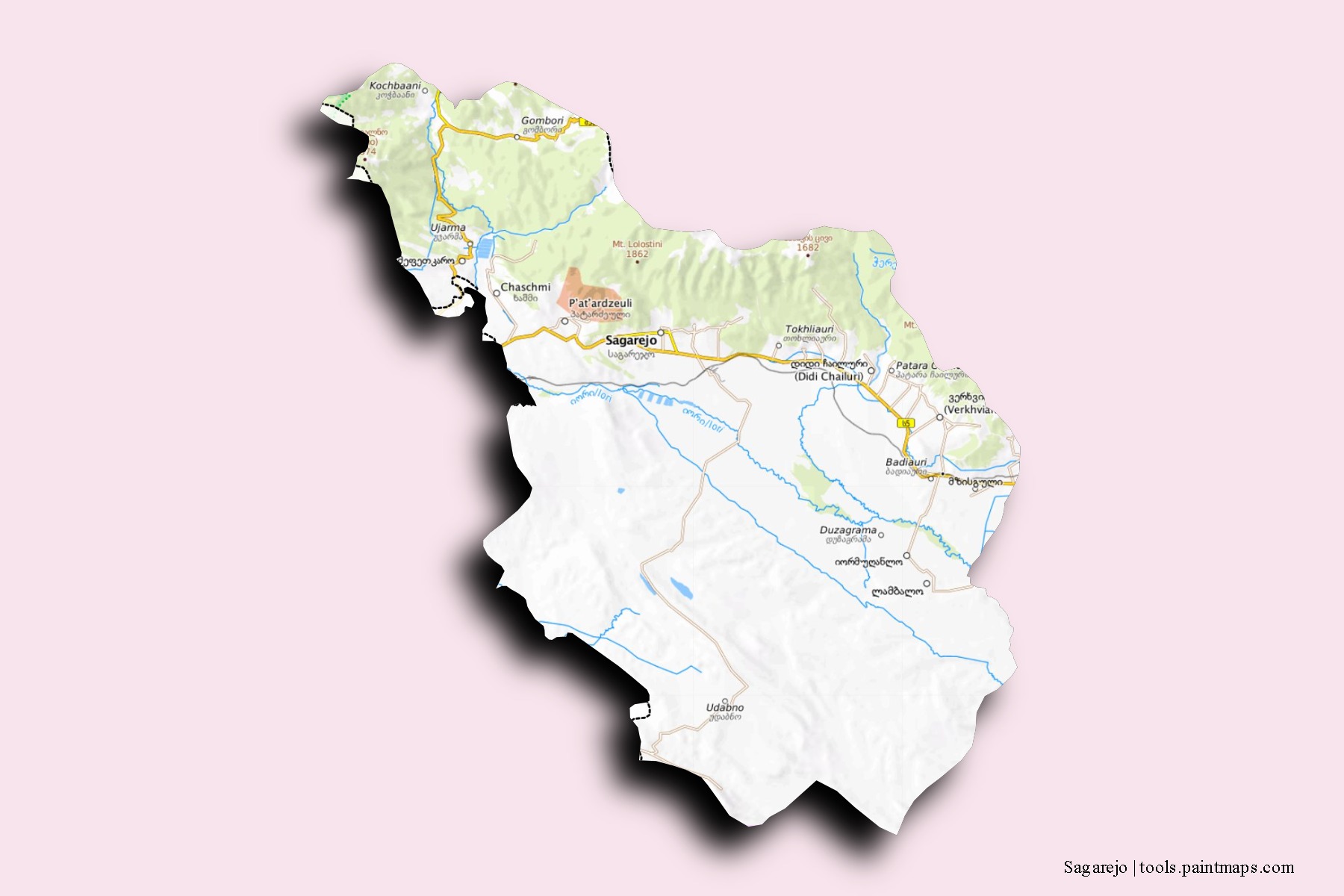 Mapa de barrios y pueblos de Sagarejo con efecto de sombra 3D