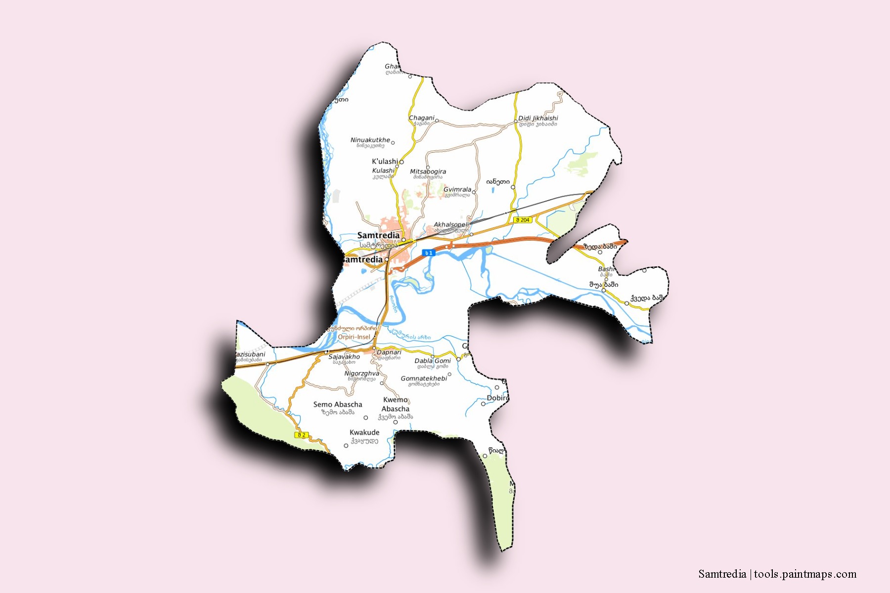 Samtredia neighborhoods and villages map with 3D shadow effect