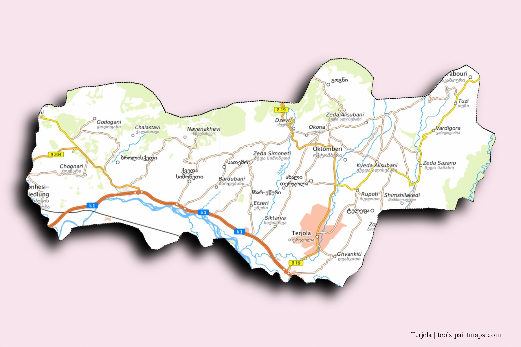 Mapa de barrios y pueblos de Terjola con efecto de sombra 3D