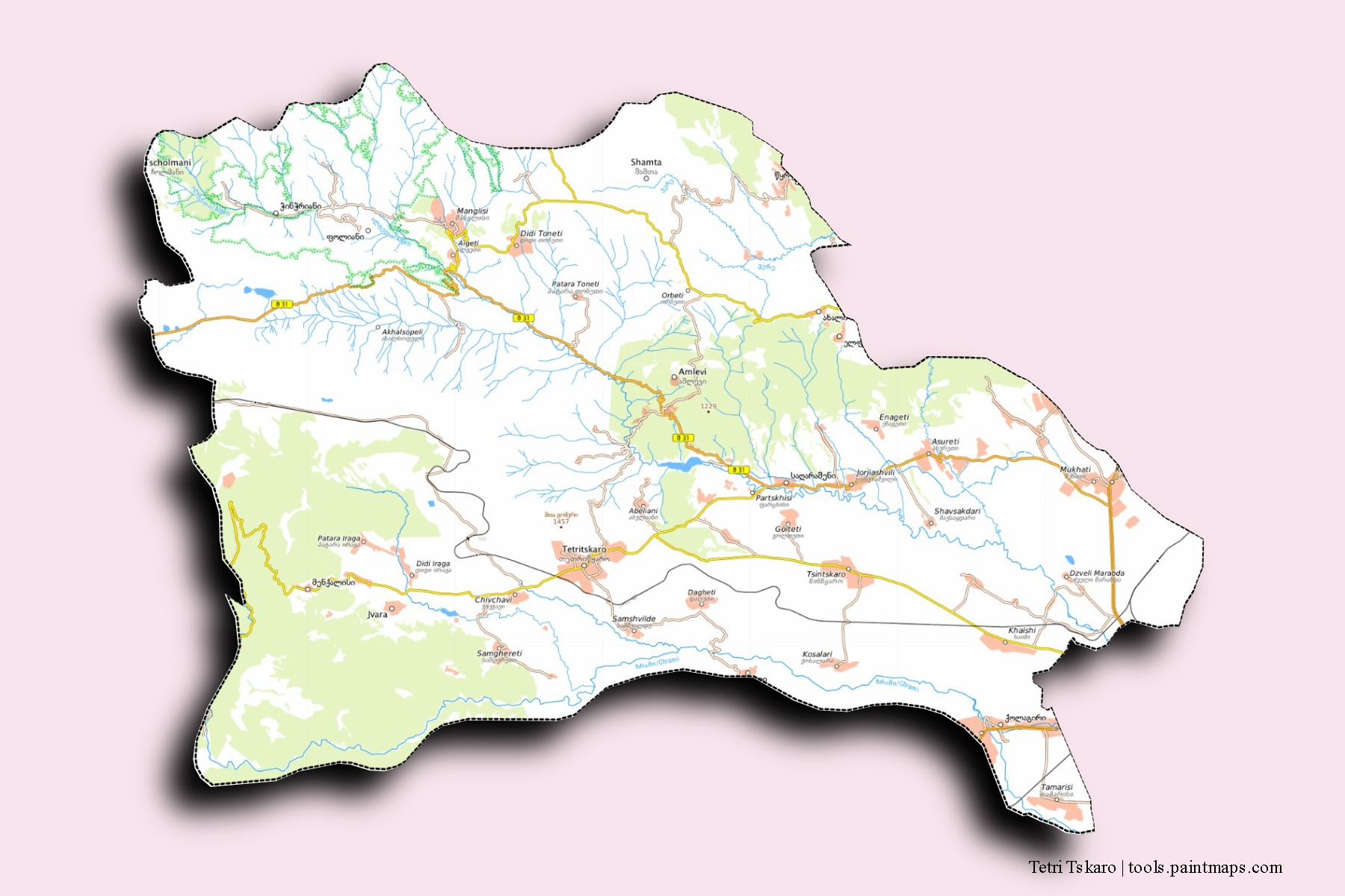 Mapa de barrios y pueblos de Tetri Tskaro con efecto de sombra 3D