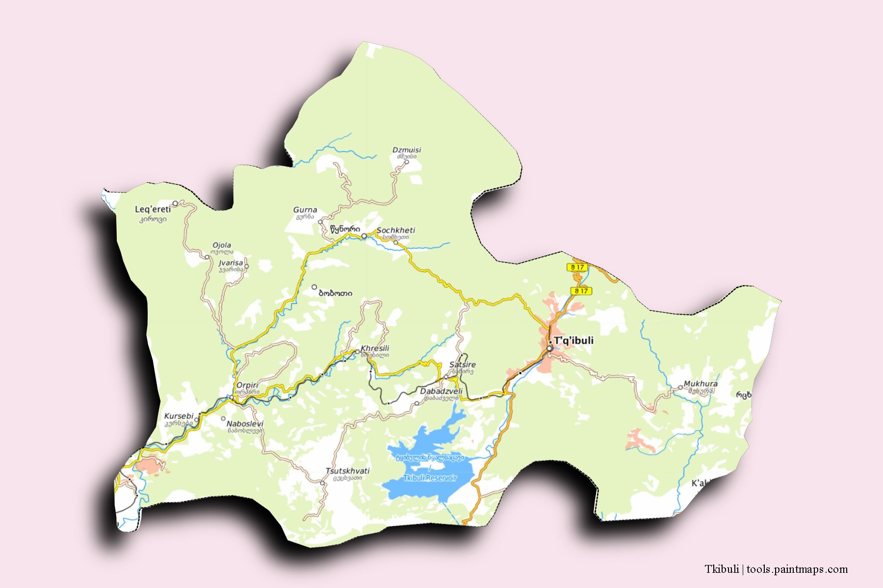 Mapa de barrios y pueblos de Tkibuli con efecto de sombra 3D