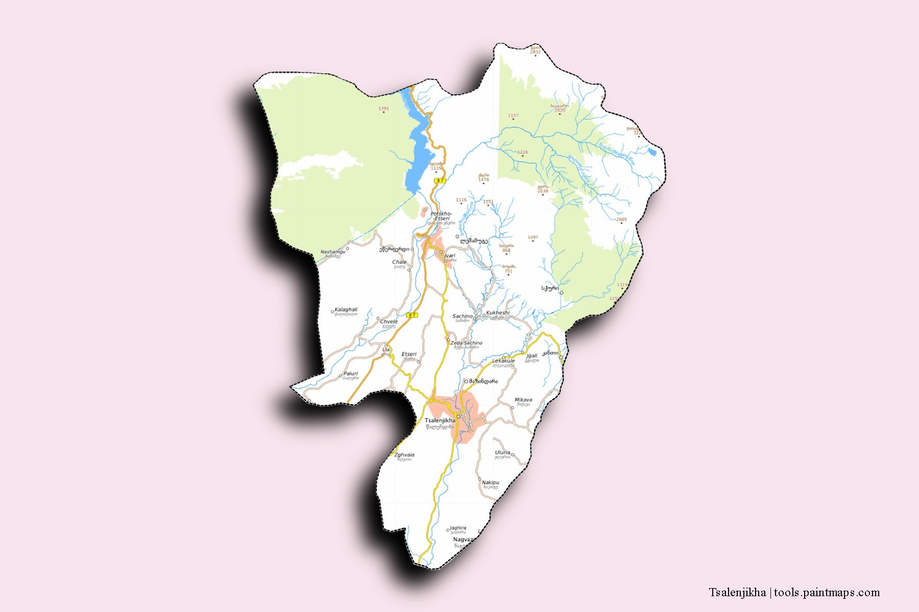 3D gölge efektli Tsalenjikha mahalleleri ve köyleri haritası