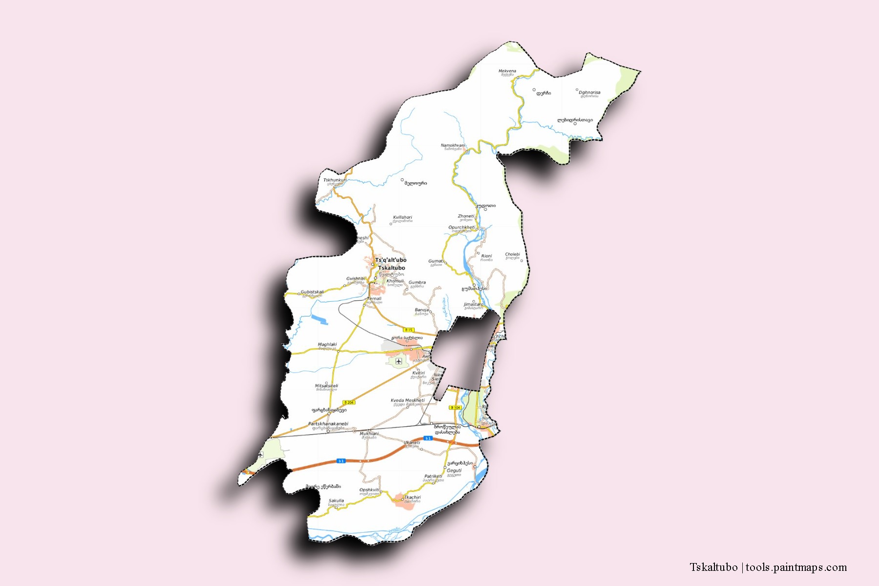 Mapa de barrios y pueblos de Tskaltubo con efecto de sombra 3D