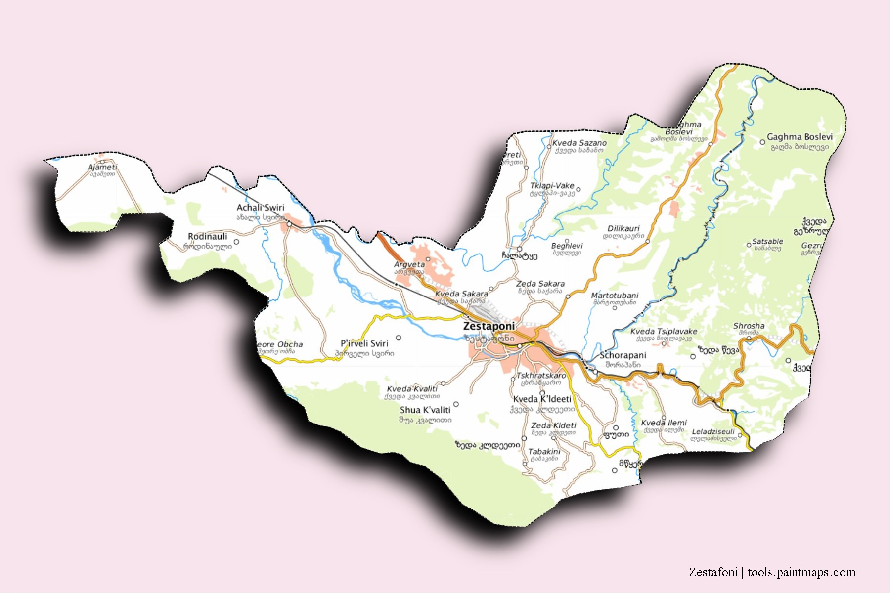 Mapa de barrios y pueblos de Zestafoni con efecto de sombra 3D