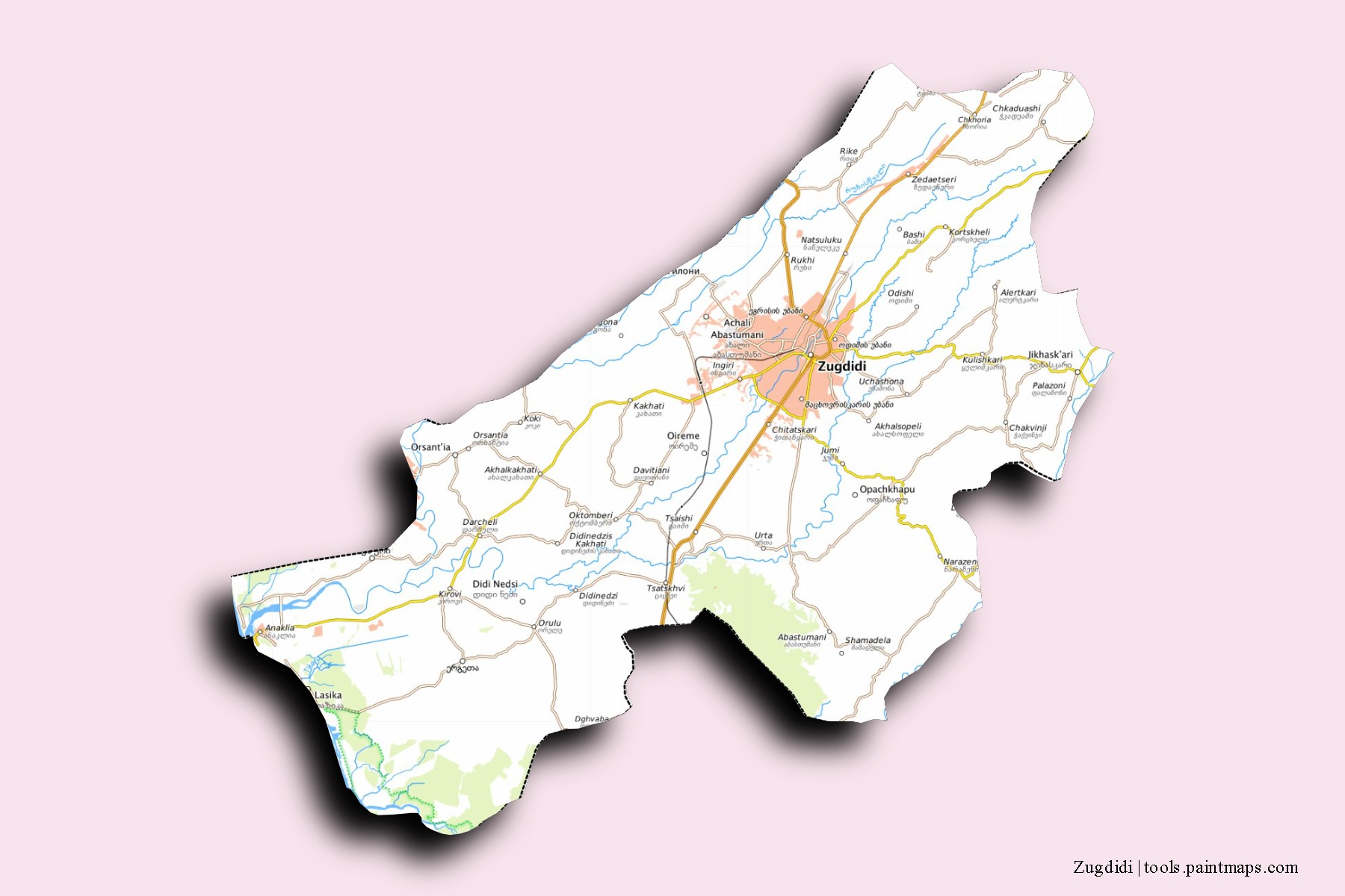 Mapa de barrios y pueblos de Zugdidi con efecto de sombra 3D