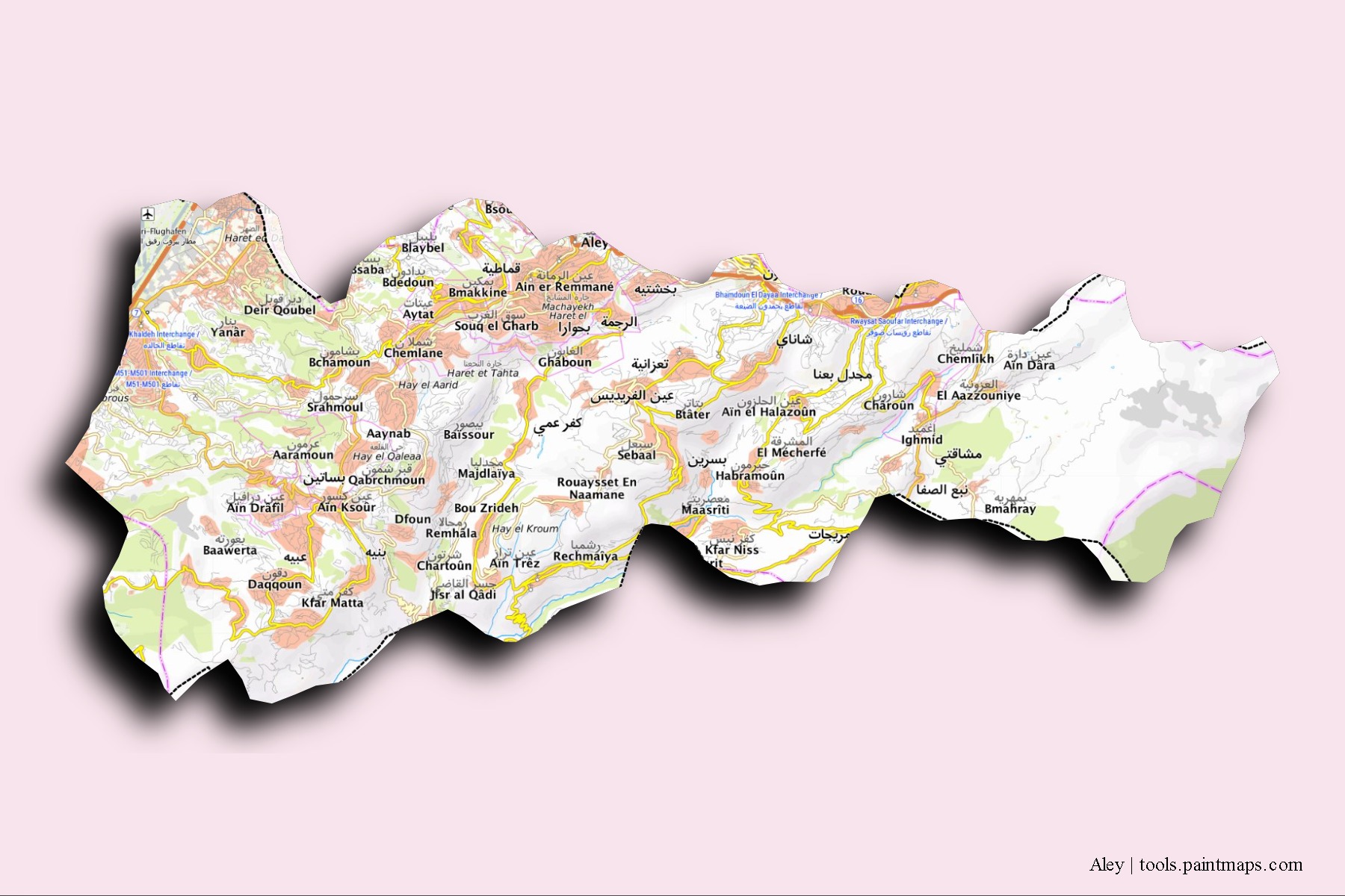 Aley neighborhoods and villages map with 3D shadow effect