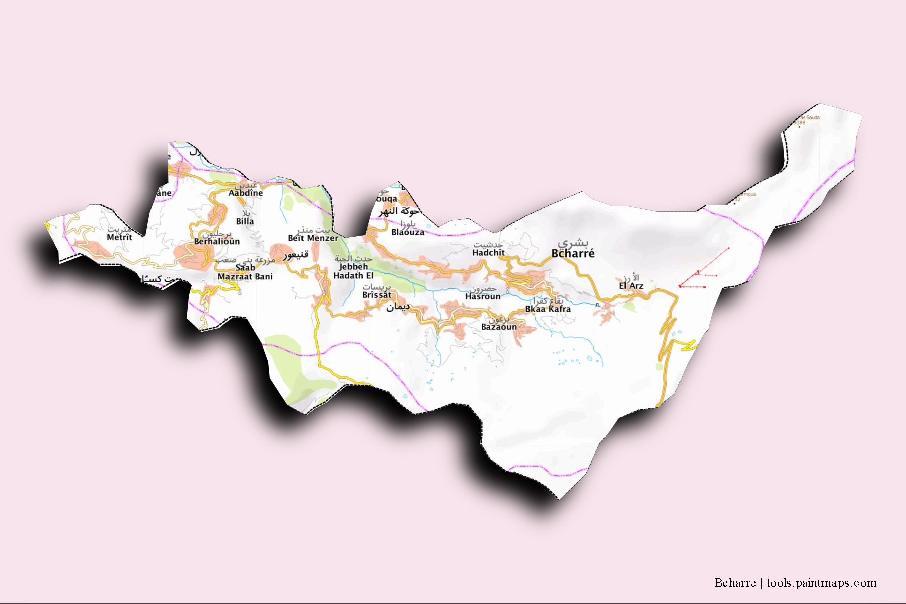 Bcharré neighborhoods and villages map with 3D shadow effect