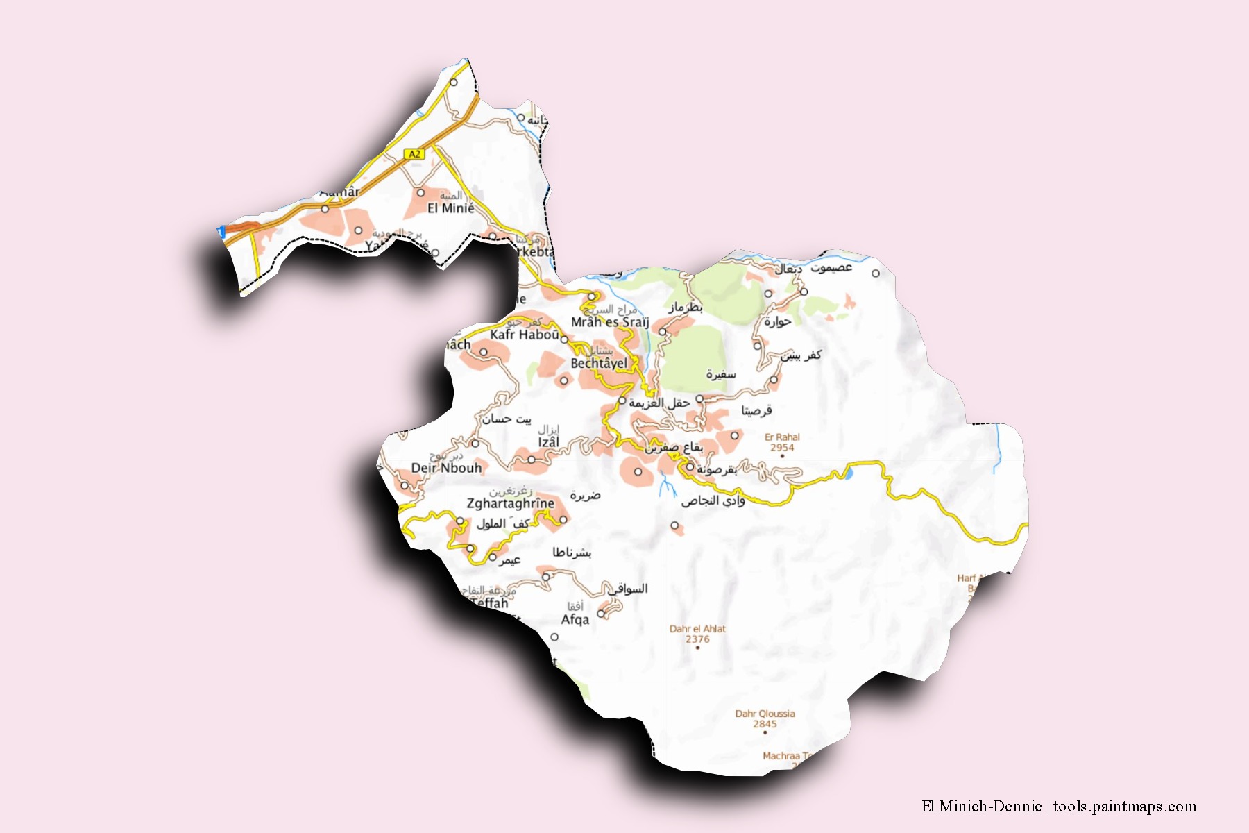 Minie-Danniyeh neighborhoods and villages map with 3D shadow effect