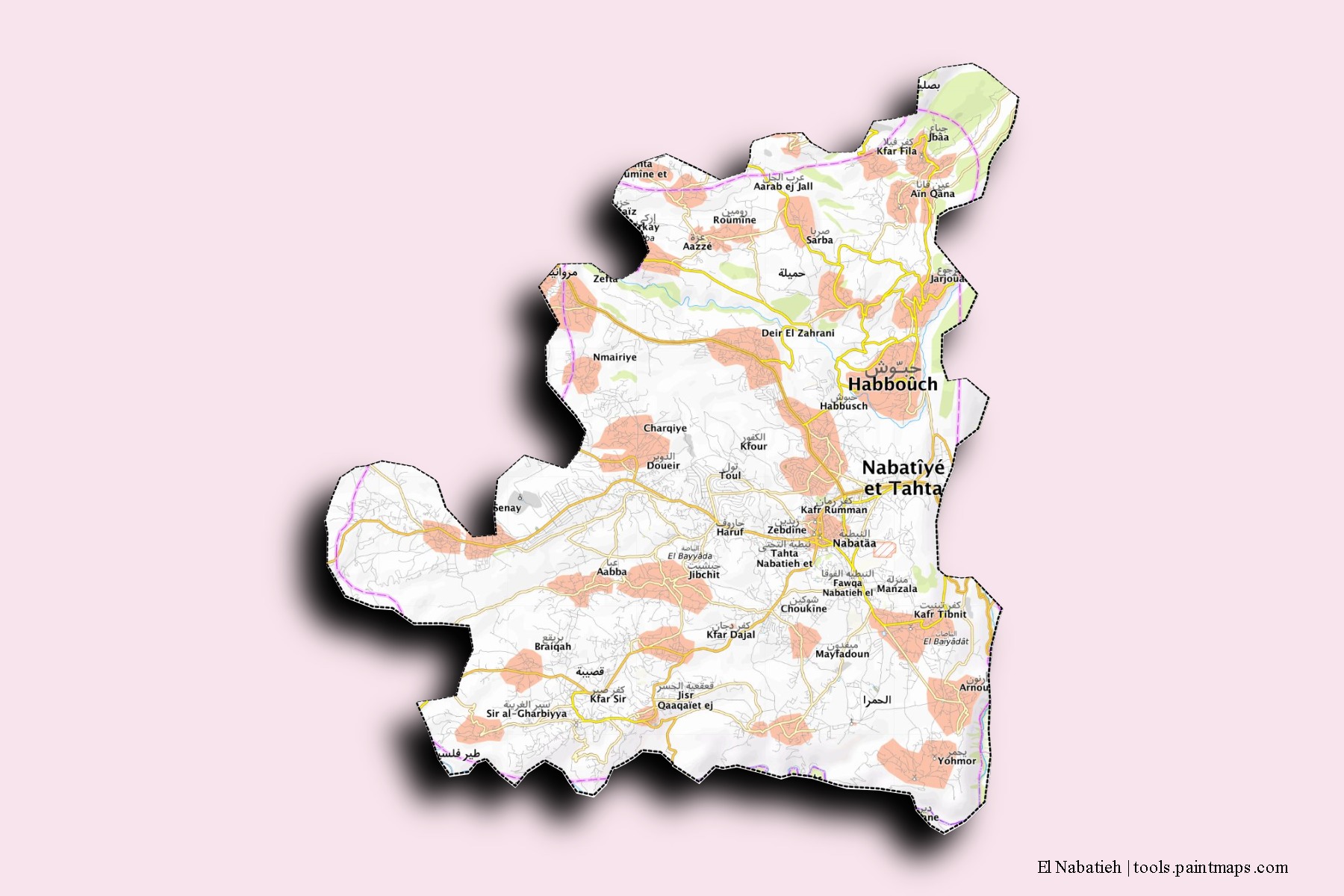 Nabatiyeh neighborhoods and villages map with 3D shadow effect