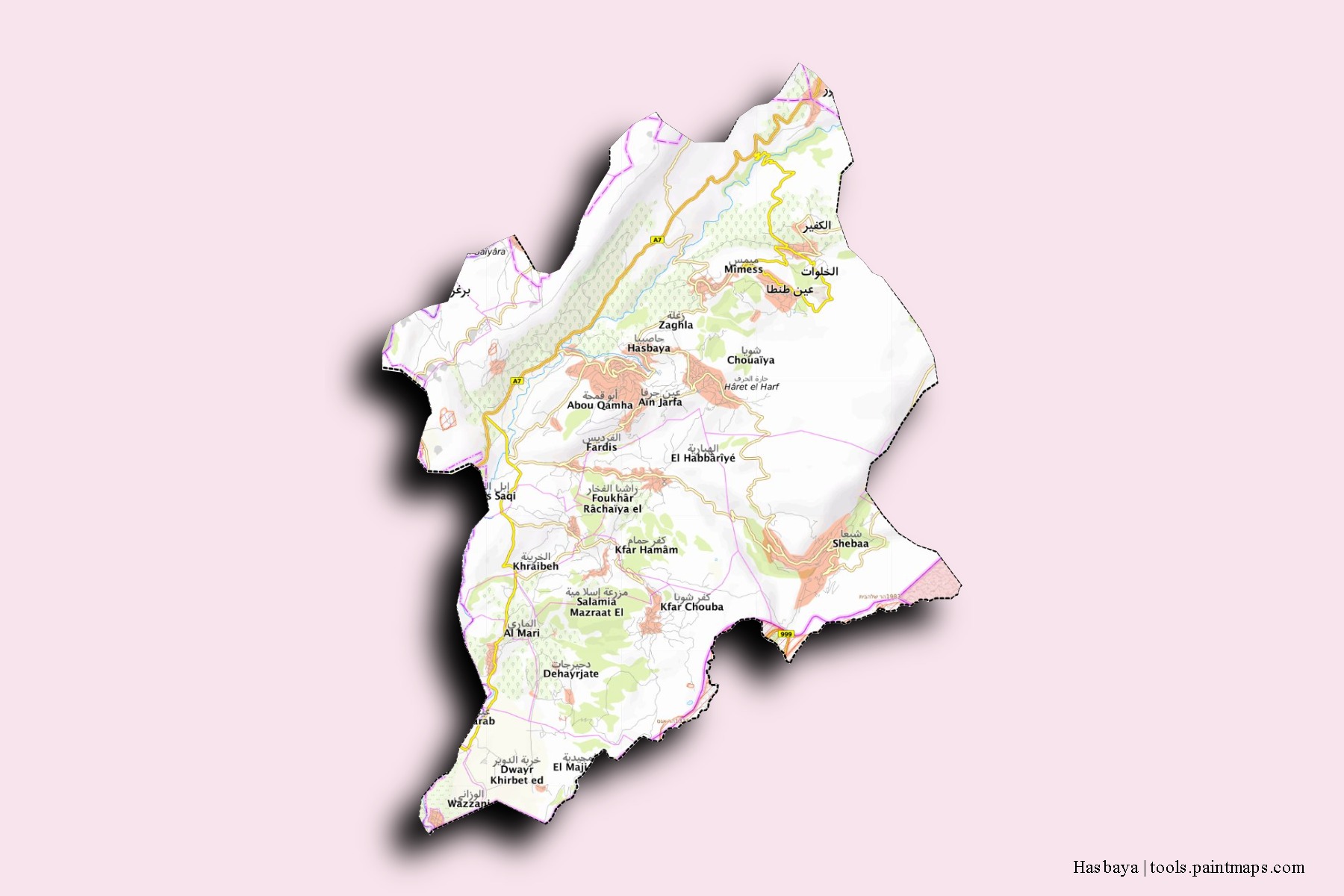 Hasbaya neighborhoods and villages map with 3D shadow effect