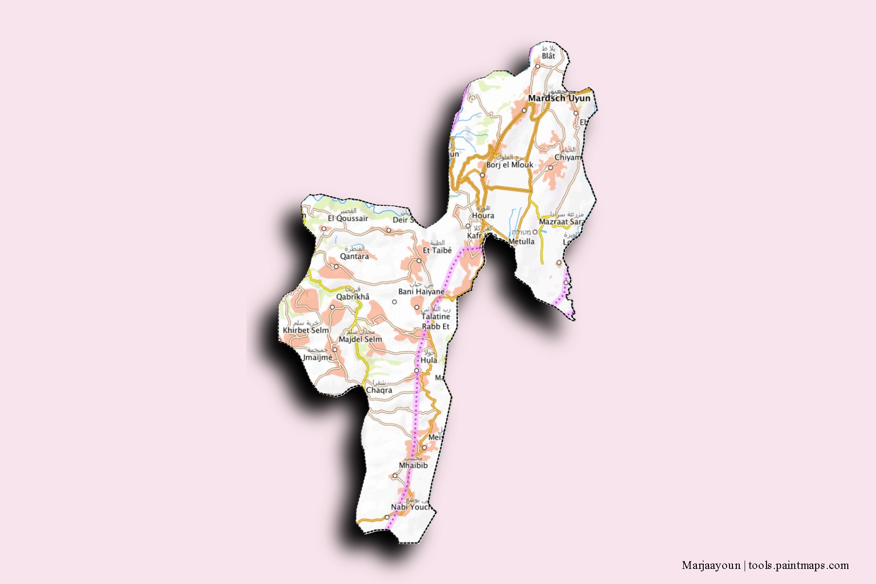 Mapa de barrios y pueblos de Marjaayoun con efecto de sombra 3D